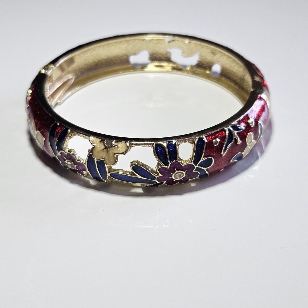 *Sale* Jiu Long Xing Gold Tone Red Blue Cloisonne Flower Hinged Bracelet 7.5" - Picture 14 of 14